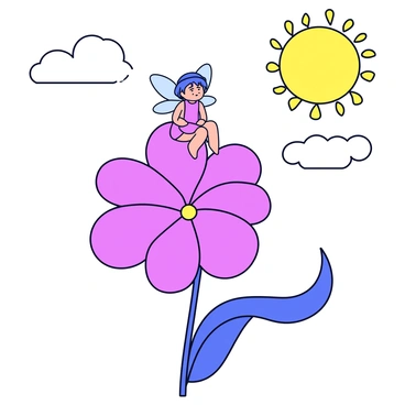 A tiny fairy with translucent wings sits atop a bright purple pansy. The fairy has a delicate figure and wears a dress made of petals. Sunlight shines down, highlighting the vibrant colors of the flower. Soft, flowing lines represent gentle breezes that swirl around the fairy and the pansy. The background features a simple gradient to suggest an open sky.