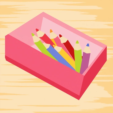 An open pencil case with a rectangular shape, featuring a vibrant red exterior. Inside the pencil case, there is a neatly organized set of colored pencils, arranged in a rainbow spectrum from red to violet. Each pencil has a sharpened tip, and their eraser caps are visible, adding a touch of color. The case is placed on a wooden table, allowing for the natural texture of the wood to be seen in the background.
