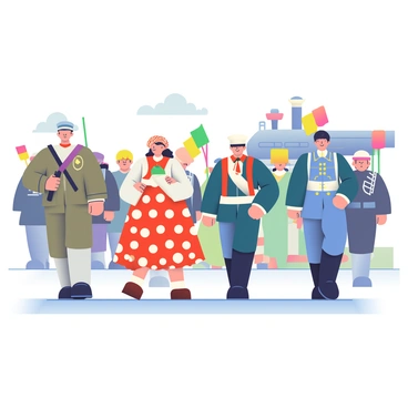 A parade of individuals is marching down a wide street, showcasing a variety of vintage uniforms. Each individual is dressed in a distinct uniform from different historical periods. There is a soldier in a World War I uniform with a slouch hat, a woman in a 1940s red and white polka dot dress with a matching headband, and a man in a 19th-century military frock coat adorned with brass buttons. The marchers display a sense of pride, holding their heads high and smiling at the spectators. Colorful flags are being waved by some participants, and a vintage steam engine can be seen in the background, adding to the festive atmosphere of the parade.