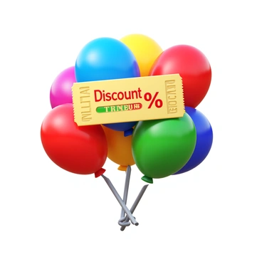 A ticket stub with a percent sign and 'Discount' text in bold, floating on balloons