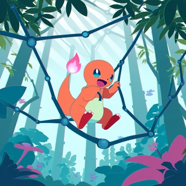 A small, vibrant orange Charmander with a long tail and a flame at the tip is swinging energetically from a thick vine. The jungle is lush and dense, filled with large green leaves and vines hanging from towering trees. Sunlight filters through the canopy, creating dappled light patterns on the forest floor. In the background, various exotic plants and flowers add splashes of color, while distant sounds of wildlife can be implied. Charmander's eyes are wide with excitement as it swings, showcasing its playful nature in this lively environment.