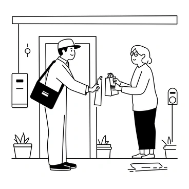A mailman wearing a postal uniform, including a cap and a satchel, is standing on the front porch of a house. He is smiling while handing a grocery bag to an elderly neighbor. The elderly neighbor, with gray hair and wearing reading glasses, is dressed in a light sweater and slacks, showing gratitude with a warm smile. The porch is adorned with potted plants, and a welcome mat is visible at the entrance. A mailbox can be seen beside the porch, indicating a friendly neighborhood setting.