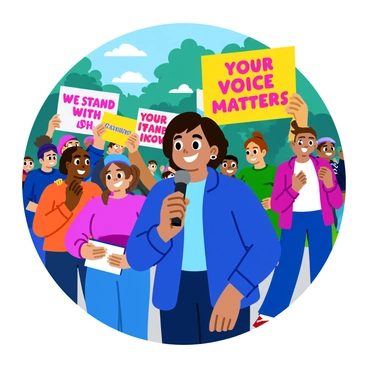 A journalist with short dark hair is standing in a vibrant outdoor setting, holding a microphone. She wears a blue jacket and has a notepad in her hand. Around her, colorful signs and banners with supportive messages are displayed, featuring phrases like "We Stand With You" and "Your Voice Matters," all written in bold, cheerful letters. The background includes a crowd of people, some holding more supportive signs, and the atmosphere is lively with smiles and encouragement. Sunlight filters through the trees, adding warmth to the scene.
