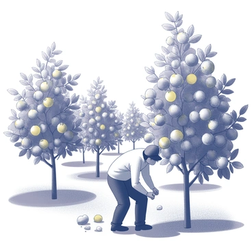 A farmer is seen in an orchard, surrounded by tall trees laden with "citrons". The farmer is bent over, reaching up to carefully pluck the "citrons" from the branches. The ground is scattered with fallen fruit, and the sunlight filters through the leafy canopy, casting dappled shadows on the ground. The trees are full and vibrant, displaying an abundance of "citrons" hanging from the branches. The scene captures the essence of a productive day in the orchard.
