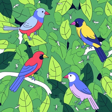 A dense jungle scene filled with lush green foliage. Various shades of green leaves create a rich tapestry in the backdrop. In the foreground, a swarm of small mosquitoes flutters around. Several colorful birds with vibrant feathers are perched on branches, showcasing shades of red, blue, and yellow. The birds are in active poses, either singing or interacting with each other amidst the greenery.
