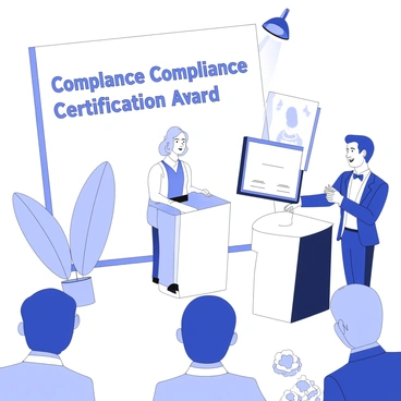 A company representative stands at a podium during an award ceremony. They are holding a framed compliance certification award, proudly displaying it to the audience. Behind them, a large banner reads "Compliance Certification Award." To the side, guests in formal attire are seated, clapping and smiling. In the background, there are decorative plants and a spotlight illuminating the stage, emphasizing the significance of the moment.