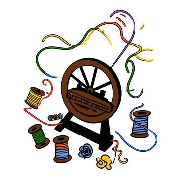 A colorful scene featuring a traditional spinning wheel in the center. The wheel is made of dark wood and has intricate carvings. Spools of yarn in vibrant shades of the rainbow—red, orange, yellow, green, blue, indigo, and violet—are arranged around it. The yarn is being spun from the wheel, creating a dynamic swirl of colors that flow gracefully across the scene, showcasing the beauty of the craft. There are small bundles of unspun fiber nearby, adding to the lively atmosphere.