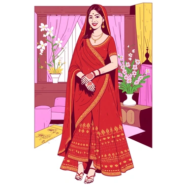 A traditional bride is standing gracefully in a beautifully adorned setting filled with colorful fabrics and intricate decorations. She is wearing a vibrant red and gold lehenga, shimmering under the soft lighting. Her hands and feet are prominently displayed, showcasing elaborate mehndi patterns, with the intricate designs stretching from her fingertips to her wrists and from her ankles to her toes. In the background, there are floral arrangements and traditional artifacts that enhance the festive atmosphere of the scene. The bride is smiling warmly, radiating joy and elegance.