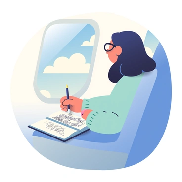An illustrator with dark hair is seated by an airplane window, sketching in a notebook. She is wearing a light blue sweater and glasses, with her right hand holding a pencil, capturing the view outside. The notebook is open to a page filled with preliminary sketches. Outside the window, fluffy white clouds are scattered across a blue sky, and the wing of the airplane is visible in the lower part of the frame. The light from the sun illuminates her workspace, creating a warm glow inside the cabin.