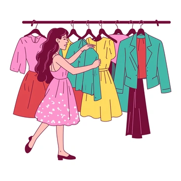A woman with long, wavy hair is standing in front of a vintage clothing rack filled with colorful retro outfits. She is wearing a bright pink sundress with a floral pattern and is intently browsing through the various clothing items. The rack includes vibrant yellow dresses, teal jackets, and red skirts. The background features soft, diffused lighting that highlights the variety of colors in the clothing. The woman has a look of excitement as she holds up a teal blouse to examine it closely.