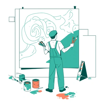 A street artist stands in front of a blank wall, preparing to create a large mural. The artist is wearing a teal beret and paint-splattered overalls. In one hand, the artist holds a variety of brushes, while the other hand is dipped in orange paint. The wall is gradually becoming filled with intricate designs and bold shapes. Around the artist, there are several open paint cans in various colors, with vibrant splashes of paint dotting the ground below. The scene captures the dynamic process of mural creation in an urban setting.