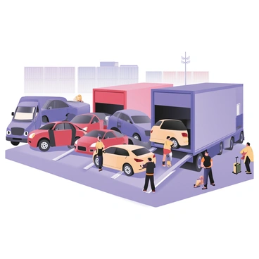 A digital flat illustration showing a busy depot scene with multiple transport trucks. There are two large trucks positioned side by side, each with a bright blue and a red color scheme, with ramps extended towards the ground. Several cars are being exchanged between the trucks, including a red sedan, a blue sports car, and a yellow hatchback. In the background, there are storage containers stacked neatly and a clear blue sky above. Workers in yellow safety vests are aiding in the exchange process, with one person directing the flow of cars while another operates a forklift nearby. The ground is marked with parking lines and various equipment related to vehicle transport is scattered around.