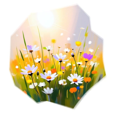A vibrant spring meadow filled with a variety of flowers, including daisies, buttercups, and wildflowers, scattered throughout the lush green grass. The flowers are blooming in an array of colors, such as yellow, white, and purple. The grass is tall and swaying gently in a soft breeze, adding a sense of movement to the scene. The sun is shining brightly, casting a warm light across the meadow, enhancing the vivid colors of the flowers and the brightness of the grass.