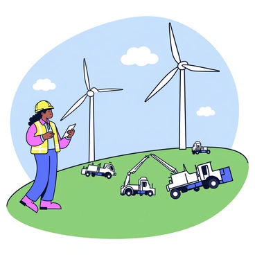 A female engineer is standing on a grassy hill, observing the construction of a wind farm in the distance. She is wearing a hard hat and a reflective safety vest, holding a clipboard in one hand. The wind turbines are tall and white, with large blades slowly rotating against a clear blue sky. Construction equipment is scattered around the site, with workers in the background wearing helmets and safety gear. The scene has a sense of purpose and progress, with a few clouds dotting the sky above.