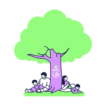 A large tree with a thick trunk and sprawling branches is positioned prominently in the center of the image. The roots of the tree are clearly labeled with the words "HDFC Life" in a bold font. Beneath the tree, a family is gathered, enjoying the shade. The family consists of four members: a father sitting on the grass, a mother leaning against the tree with a smile, a young boy playing with a toy, and a toddler lying on a blanket. The scene conveys a sense of togetherness and relaxation under the expansive foliage of the tree.