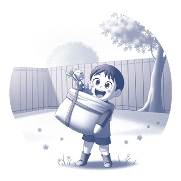 A child standing in a backyard, holding a baluchon filled with various toys. The child has an expression of excitement, with wide eyes and a smile, as they prepare for an imaginary adventure. The baluchon, a cloth bundle, is tied at the top, some toys peeking out, such as a small stuffed animal and a plastic sword. The grass in the backyard is lush, and there are a few scattered flowers adding detail to the scene. In the background, a wooden fence is visible, along with a tree providing shade, enhancing the atmosphere of adventure.