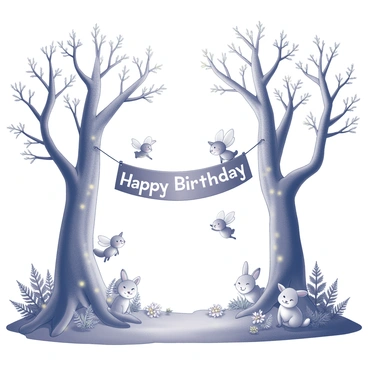 A whimsical birthday banner hanging between two ancient trees in a magical forest. The trees have gnarled branches adorned with twinkling lights. The banner features the words "Happy Birthday" prominently in the center. Surrounding the banner are small fairies with delicate wings, fluttering around joyfully. Friendly creatures, such as a curious rabbit and a smiling fox, peek from behind the trees, adding to the enchanting scene. Lush ferns and flowers of various shapes and sizes fill the ground, creating a vibrant atmosphere.