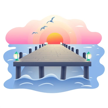 A long wooden pier extends out into the calm sea. The sun is setting on the horizon, casting vibrant shades of orange, pink, and purple across the sky. The water reflects these colors, creating a stunning gradient on the surface. The pier is lined with weathered wooden planks and small lanterns that are softly glowing, adding warmth to the scene. Small waves gently lap against the supports of the pier, and a few seagulls can be seen flying overhead against the backdrop of the sunset.