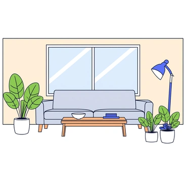 A modern living room featuring a minimalist design. The room has a large window allowing natural light to flood in. There is a light gray sofa with clean lines and simple cushions. A low wooden coffee table sits in front of the sofa. Surrounding the room are several potted ferns, each in a simple white pot, adding a touch of greenery. The walls are painted in a soft beige color, and a sleek floor lamp stands in one corner. A few decorative items are placed on the coffee table, including a small stack of books and a decorative bowl.
