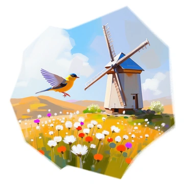 A small finch with bright yellow feathers is gracefully flying near a rustic windmill. The windmill, made of weathered wood and with large, wooden blades, stands tall amidst a lush, green pastoral landscape. Rolling hills covered in vibrant wildflowers stretch into the distance under a clear blue sky. The sunlight casts soft shadows, enhancing the serene atmosphere of this idyllic scene. The finch's wings are spread wide as it glides through the air, capturing the essence of freedom in this peaceful setting.