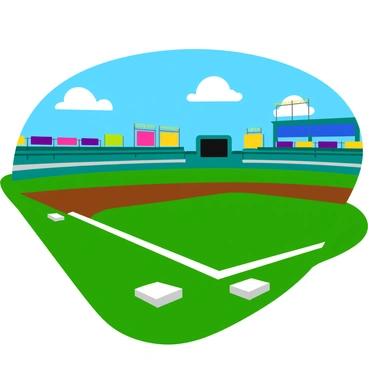 An empty baseball stadium with perfectly manicured green grass covering the field. The bases are clean and white, positioned at each corner of the diamond. The stands rise high above the field, showcasing a bright blue sky with a few fluffy white clouds. In the background, the stadium's scoreboard is blank, and the outfield fence is adorned with colorful advertisements. The sunlight casts soft shadows across the field, highlighting the vibrant colors of the well-maintained grass.