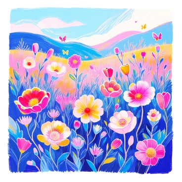 A garden filled with vibrant flowers, each petal displaying a different AI-generated illustration. The flowers are in various stages of bloom, from tight buds to fully open blossoms revealing intricate designs. Lush green leaves surround them, contrasting with the colorful illustrations. In the background, there are soft, rolling hills under a clear blue sky. Sunlight filters through, casting gentle shadows among the flowers. Butterflies flit among the blooms, adding movement to the serene scene.