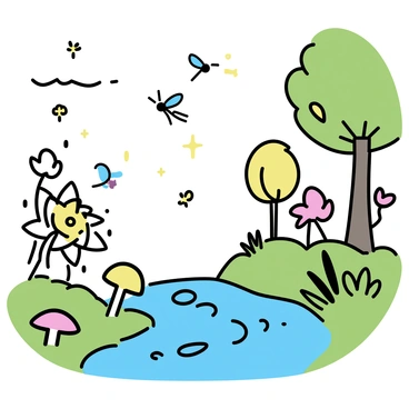 A fairy-tale setting with a lush green forest filled with vibrant flowers and tall trees. Tiny magical creatures resembling mosquitoes flit around, their delicate wings shimmering with iridescent colors. They sparkle as they dance through the air, leaving trails of soft light behind them. The sun filters through the leaves, creating dappled shadows on the forest floor, where small mushrooms and ferns grow. A gentle stream flows nearby, reflecting the enchantment of the scene.