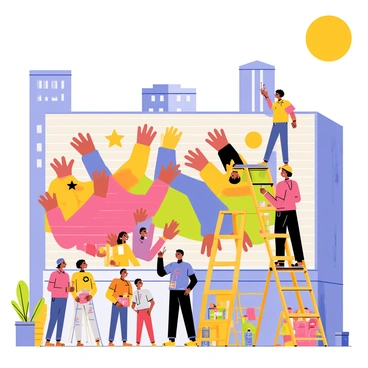 An artist standing on a ladder, painting a large mural on a brick city wall. The mural features vibrant colors with images of diverse people holding hands and symbols of peace and unity. A variety of tools, such as paintbrushes and spray paint cans, are scattered around the base of the ladder. The setting includes tall buildings in the background and a small group of onlookers admiring the artwork. A bright sun shines overhead, illuminating the scene.