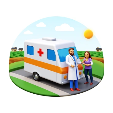 A mobile clinic parked in a rural area with a doctor interacting with a patient. The doctor is wearing a white lab coat and stethoscope, showing a caring expression. The mobile clinic has bright, visible markings that indicate it is a medical service. Surrounding the clinic, there are fields and a few small houses in the background. The patient appears relieved and grateful, and the sun is shining, giving a warm atmosphere to the scene.