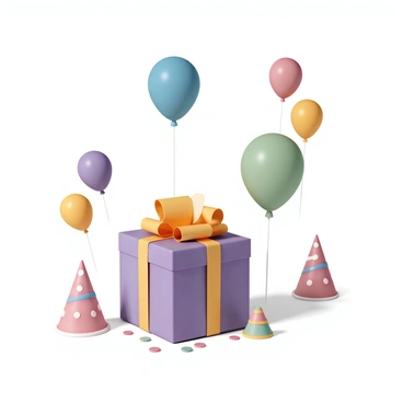 A brightly colored birthday parcel, wrapped in shiny purple paper with a big yellow bow on top, sits in the center of the image. Surrounding the parcel are several balloons in various shades of red, blue, green, and yellow, floating gently above. Scattered around the base of the parcel are vibrant party hats, featuring polka dots and stripes, in colors such as pink, orange, and lime green. The scene conveys a festive atmosphere, ready for celebration.