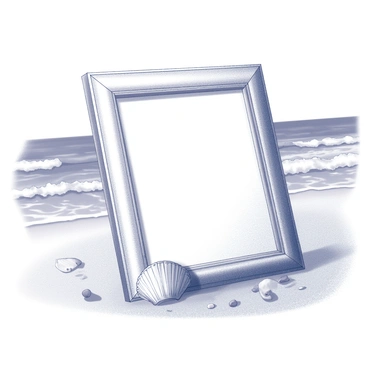 An empty picture frame is lying on a sandy beach. The frame has ornate edges, giving it a vintage appearance. Ocean waves gently crash in the background, creating a sense of movement. The sandy beach has slight footprints leading towards the water, suggesting recent activity. A few seashells are scattered around the frame, adding texture to the scene. The sky above is expansive, hinting at a bright day.