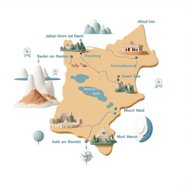 An illustrated map of ancient Jordan featuring detailed landmarks and historical routes. The map displays "Petra" with its iconic rock-cut architecture, labeled clearly. "Jerash" is shown with its well-preserved Roman ruins, including columns and an amphitheater. The "Dead Sea" is depicted with its distinct shoreline and salt formations. Key trade routes are marked, connecting various cities, while prominent mountains like "Jabal Umm ad Dami" are illustrated in the background. Additional labels highlight historical sites such as "Mount Nebo" and "Wadi Rum," with symbols representing their significance. The overall design is rich with textures and colors, evoking the ancient landscape.