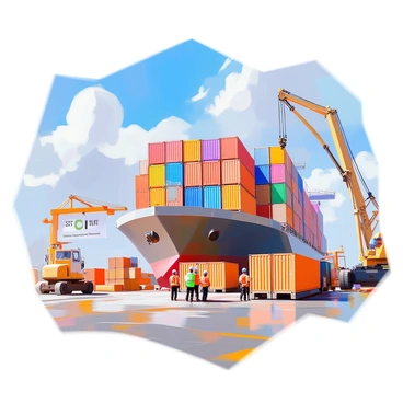 A large cargo ship is docked at a bustling port, with numerous colorful containers being carefully loaded onto its deck. The containers are stacked in vibrant colors, including bright reds, deep blues, and sunny yellows, creating a dynamic scene. Workers in safety helmets and reflective vests are coordinating the loading process, using cranes to lift the containers from the dock onto the ship. In the backdrop, shipping crates and large cargo handling equipment are visible, suggesting a busy shipping environment. A clear blue sky with a few fluffy white clouds provides an expansive view above the scene. The words "Cost, Insurance, and Freight (CIF)" are prominently displayed on a large banner hanging near the loading area.