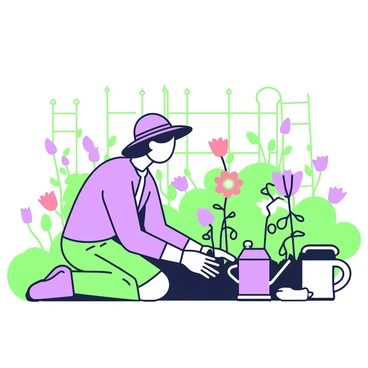 A gardener is kneeling on the ground, carefully tending to a variety of blooming flowers in a garden full of life. The gardener is wearing a wide-brimmed hat and gloves, with a trowel in hand as they gently dig around the base of a flower. Surrounding them are colorful flowers with petals in various shapes and sizes, creating a lively atmosphere. In the background, there are green leafy plants and a small garden fence that frames the scene. A watering can sits nearby, ready to nourish the plants.