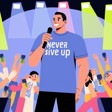 John Cena is standing on a brightly lit stage, holding a black microphone in one hand. He is wearing a casual blue t-shirt with the words "Never Give Up" emblazoned in bold print on the front. His expression is enthusiastic and engaging as he interacts with the audience. The background features colorful stage lights in shades of blue and green, illuminating the area. In front of him, a lively audience is cheering, with a mix of people of different ages, all showing excitement and energy. Some audience members are waving their arms, while others hold up their phones to record the performance.