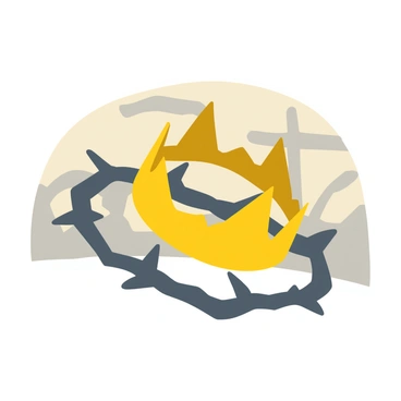 A crown made of intertwined thorns rests on a textured stone surface. The thorns are jagged and pointed, showcasing a natural, rough appearance. The crown is slightly tilted to one side, creating an interplay of light and shadow. A distinct shadow of the crown appears on the stone wall behind it, highlighting the shape and intricate details of the thorns. The stone wall features a mix of gray and beige tones, with visible cracks and uneven surfaces, enhancing the overall contrast and depth of the image.