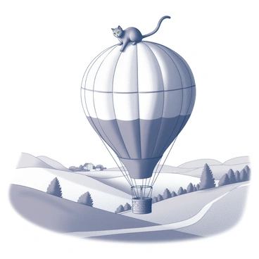 A cat is perched on the edge of a hot air balloon, gazing downward. The balloon is large and round, with a woven wicker basket below. The landscape beneath features rolling hills, dotted with patches of trees and a winding dirt road. In the distance, a small farmhouse can be seen surrounded by fields. The sky above is clear, providing an expansive view over the countryside.