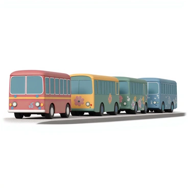 A queue of brightly painted buses, each showcasing unique designs, is lined up at a depot. The first bus features a vibrant red body with blue dots and yellow stripes, while the second bus has a bright green exterior adorned with large, colorful flowers. The third bus is a sunny yellow with playful animal illustrations. The next bus is deep blue, highlighting intricate geometric patterns. The depot background includes a clear sky and a gravel road, enhancing the visibility of the colorful buses. Each bus displays its own personality through its distinct paint job and design elements.