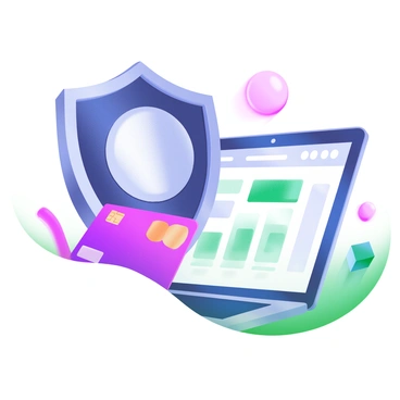A modern pastel illustration featuring a shield symbol with a sleek design in the center. Inside the shield, there is a credit card resting at an angle, displaying a chip and a holographic design. Next to the credit card, a computer screen shows an open banking application with graphs and transaction details visible. The background includes subtle pastel geometric shapes to enhance the composition.