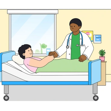 A doctor with medium skin tone and short black hair stands beside a hospital bed. The doctor is wearing green scrubs and a white lab coat. They are gently holding the hand of a patient, who has light skin and is lying in the bed. The patient looks reassured, with a slight smile on their face. The hospital room is bright, with a large window allowing soft sunlight to enter, illuminating the space. Medical equipment is visible in the background, along with a colorful poster on the wall. A small potted plant sits on the bedside table next to a glass of water. The atmosphere conveys warmth and care.