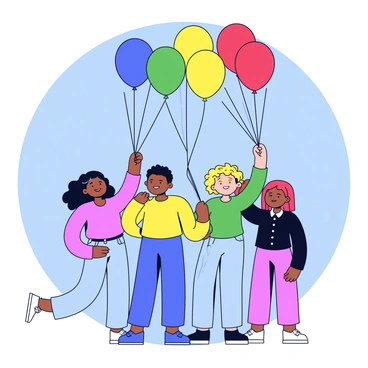 A group of four friends standing together, each holding a string attached to a colorful balloon. The balloons are red, yellow, green, and blue, contrasting against the bright blue sky. The friends are smiling and looking up as they release the balloons into the air. One friend has short brown hair, another has long black hair, and the third has curly blonde hair, while the last has straight red hair. The scene conveys a sense of joy and celebration.