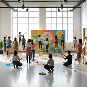 A spacious art workshop filled with natural light pouring in from large windows. A diverse group of people, including men and women of various ages and ethnicities, are gathered around a large wall, collaboratively painting a vibrant mural. Each person is holding a paintbrush and dipping it into various colors of paint, contributing to the artwork. Some individuals are standing on ladders to reach higher sections of the mural, while others are kneeling to add details at the bottom. Paint splatters adorn the floor, and easels with additional canvases are scattered around the room. The atmosphere is lively and filled with creativity.