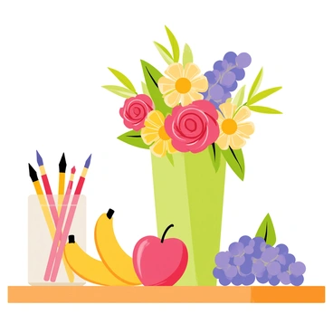 A still life arrangement with brushes, fruit, and a vase of flowers