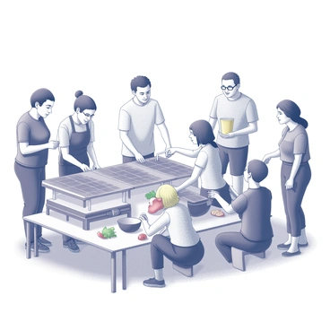 A solar cooking demonstration is taking place in an open area. A group of diverse individuals, consisting of men and women of various ages, is gathered around several solar cookers. Each solar cooker is positioned to capture sunlight effectively. Some participants are engaged in setting up the cookers, while others are closely observing the process. There are ingredients laid out on a table nearby, including vegetables and cooking utensils. The setting is sunny, with clear skies overhead. The expressions on the participants' faces reflect curiosity and interest as they learn how to harness solar energy for cooking.