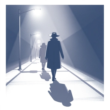 A person walking down a dimly lit street. The figure appears to be wearing a long coat and a wide-brimmed hat, casting a shadow that obscures its features. Behind the person, an indistinct shadowy figure is partially hidden, blending into the darkness of the surroundings. The street is lined with faintly illuminated streetlights, casting long shadows that stretch across the pavement. The atmosphere suggests an element of suspense, with the shadowy figure maintaining a distance, watching the person as they move forward.