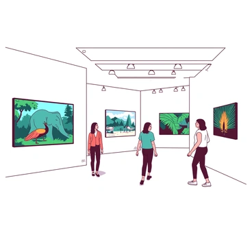 A gallery interior with white walls displaying a series of vibrant wildlife illustrations. Each illustration captures a different animal in detail, showcasing their natural beauty and habitat. A teal elephant is depicted walking through a lush green jungle, while a striking orange peacock spreads its colorful feathers in another frame. Visitors are casually strolling between the exhibits, admiring the art. Soft lighting from overhead fixtures enhances the vivid colors of the illustrations. 