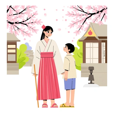 A miko wearing a traditional white kimono with a red hakama stands gracefully in a tranquil shrine setting. Her long black hair is tied back with a red ribbon, and she holds a wooden staff. Beside her is a young visitor dressed in casual clothes, gazing up at her with an expression of curiosity. The shrine features wooden structures, stone lanterns, and a serene atmosphere, with cherry blossom petals gently falling around them. They both appear contemplative, sharing a moment of introspection amidst the beauty of nature.