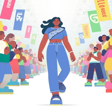 Priscilla is confidently walking into a tournament arena, showcasing her determined expression. She has long, flowing dark hair that shines under the bright arena lights. She wears a vibrant blue tunic with intricate silver designs and matching pants. The surrounding crowd is on their feet, waving colorful banners, creating a lively atmosphere filled with excitement. Some spectators are clapping their hands, while others are shouting her name. In the background, large banners displaying the tournament’s logo hang high above the arena, adding to the festive environment.