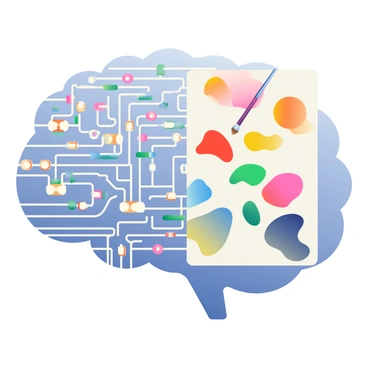 An illustration of a brain with one half as a computer circuit and the other as a paint palette