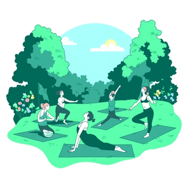 A teal scene depicts several individuals practicing yoga on vibrant green mats in a lush green park. Each person is engaged in various yoga poses, showcasing their concentration and balance. The park is surrounded by tall, leafy trees that provide a natural canopy, and the grass below is rich and well-maintained. In the background, there are colorful flowers blooming, adding to the tranquil atmosphere. The sun is shining above, casting soft shadows on the ground, and a gentle breeze rustles the leaves nearby.